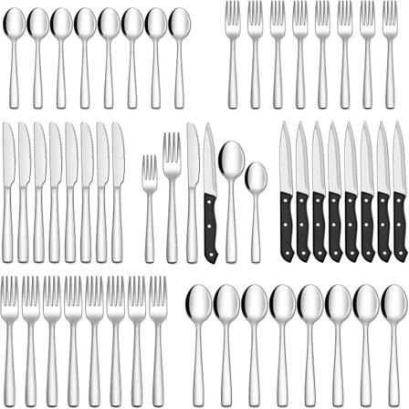 48-delers biffkniversett for 8, rustfritt stålsett for hjemmekjøkken Restaurant Hotel, Kjøkkensilsett, Mirror Poli - Perfet