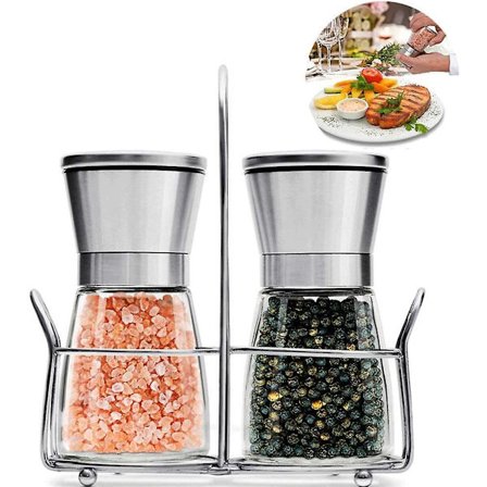 Kryddkvarnset i rostfritt stål med matchande ställ, justerbar salt- och pepparkvarnset, handkvarn salt- och pepparkvarn justerbar keram
