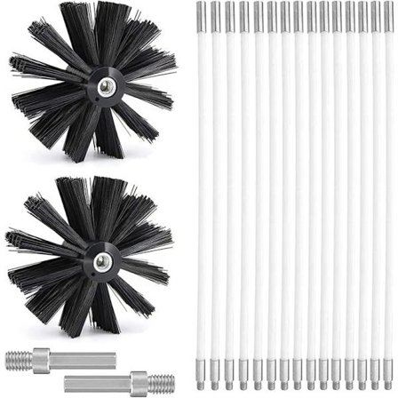 Rensesæt til skorsten med 15 fleksible stænger (410 mm) og 2 børstehoveder, Ø150 mm, kompatibel med brændeovn, tørretumblerudluftning, kloakrør