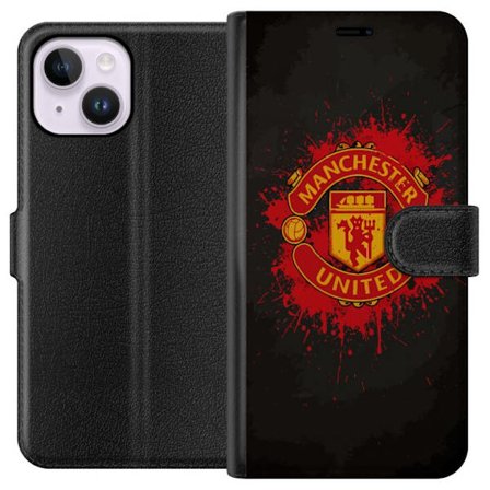 Kompatibelt Lommeboketui til Apple Apple iPhone 15 Plus Manchester United logo i rød og gul farge med røff sportslig bakgrunn
