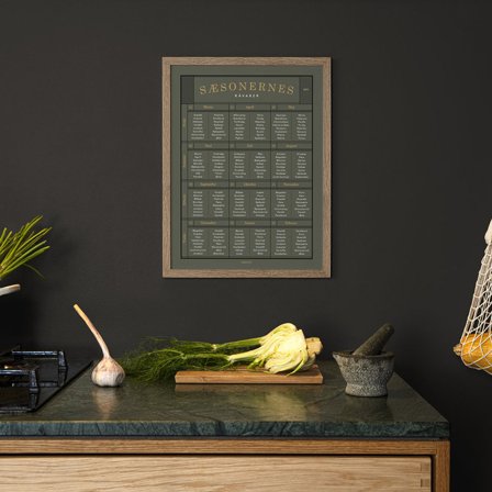 Plakat med Sæsonernes råvarer fra Gehalt — Stilren sæsonguide