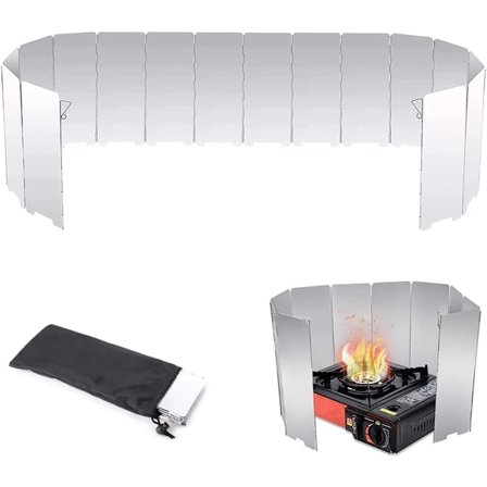 Sammenleggbar vindskjerm for campingkjøkken - 10 deler - Sammenleggbar aluminiums vindskjerm for gasskjøkken, grill, piknik - Med oppbevaringsveske