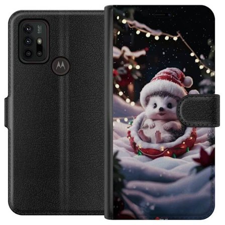 Kompatibelt Plånboksfodral till Motorola Motorola Moto G30 Söt jul igelkott santa hatt vinter lights cosy christmas cute hedgehog festive snow adora