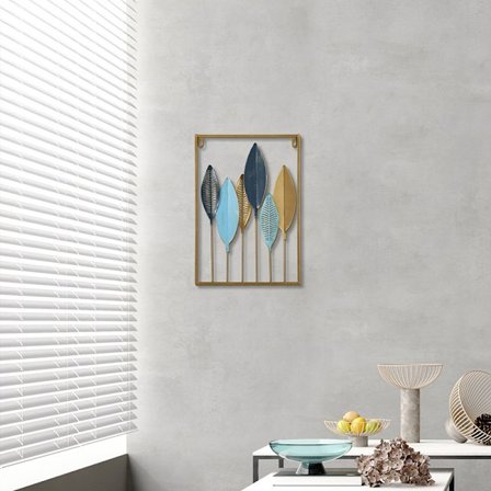 Metal Vægdekoration Blå og Guld Blade H 43cm