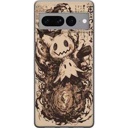 Google Pixel 7 Pro Gennemsigtig cover Mimikyu i dramatisk kunststil omgivet af mørke hvirvler og farvesprøjt, der skaber en mystisk og intens atmosf