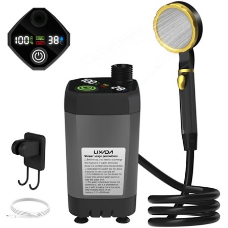 Bærbar Campingdusj med Pumpe og Utendørs Dusjsett for Bobilcampingdusj med Fullskjerm Smart Digitalt Display, 9000mAh Grå, DUBUNS