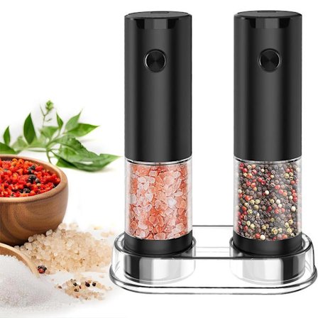 Elektrisk salt- og peberkværnsæt: justerbar grovhed automatisk kværn genopfyldelig salt enhåndsbetjening saltkværn peberkværn