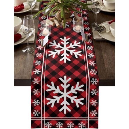 Hvit Julenisse Snøflak Bordløper Bomullslin Hvit Rød Svart Rutete Sjekk Sklisikker Rektangel Festdekorasjoner for Hjem 13X72 Tommer