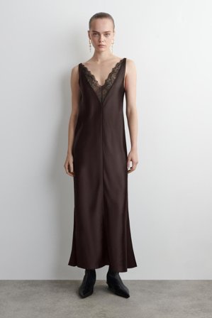 COS Women's Lace Trimmed Satin Slip Dress in Brown