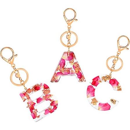 Wabjtam Tørket blomst initial bokstav nøkkelring personlig alfabet harpiks nøkkelring søt Kawaii nøkkelring gaver for kvinner jente, 3 stk-a, b, C