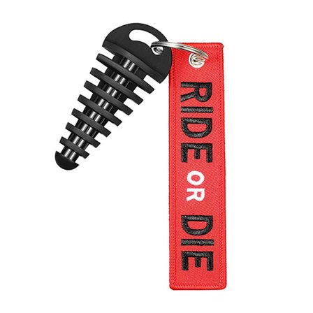 Bærbar lille sort udstødningslyddæmper rørvaskeprop med broderi til nøgleholder Red RIDE OR DIE nøglering