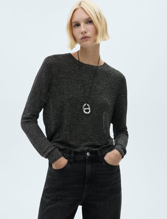 Mango Crewneck Lurex Sweater - Black - XS