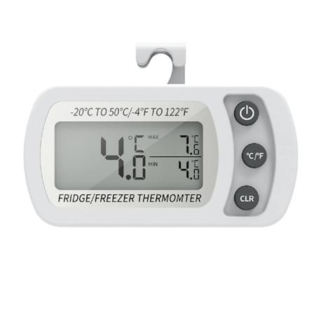 Digitaalinen jääkaapin lämpömittari, vedenpitävä pakastinlämpömittari koukuilla, helppo lukea LCD-näyttö, Max/Min-tallennustoiminto (valkoinen)