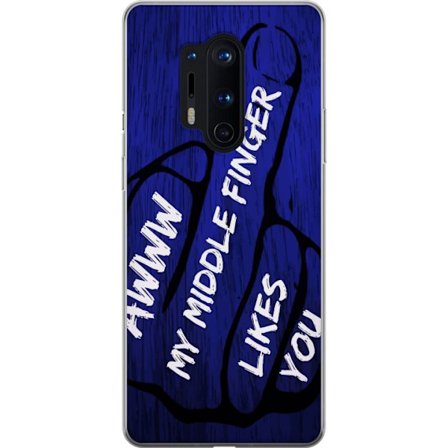 Kompatibelt Mobildeksel til OnePlus 8 Pro Mørk typografisk illustrasjon med hjerteform og budskap om vennskap mot dyp blå tretekstur