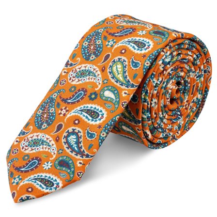 Virtuo | Cravată din mătase cu model paisley de 6 cm de culoare portocalie pentru bărbați - Cravate înguste