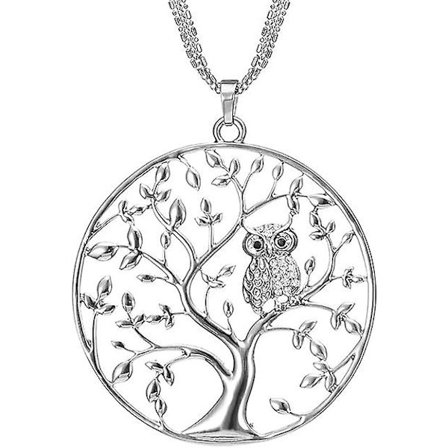 Långt halsband för kvinnor, livets träd med uggla hänge halsband för flickor silver halsband med kristallkedja halsband