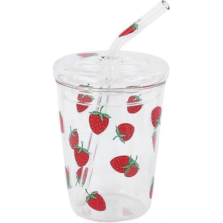 Glas Kopper med Sugerør og Låg, 300ml Drikkekop Glas Vandflaske Genanvendelig Drikkevandsglas Kop til Kolde Drikke Kaffe