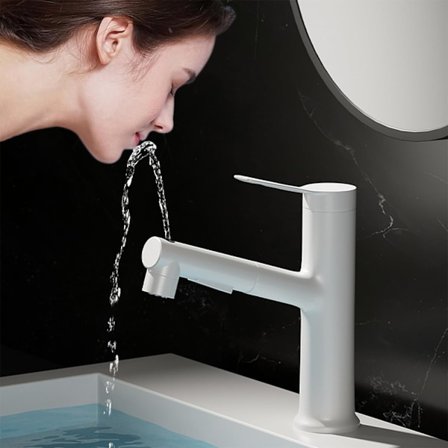 Kylpyhuoneen pesualtaan hana ulosvedettävällä suihkulla, kylpyhuoneen hanat pesualtaalle 1 reiällä, kolme vesivirtaustilaa