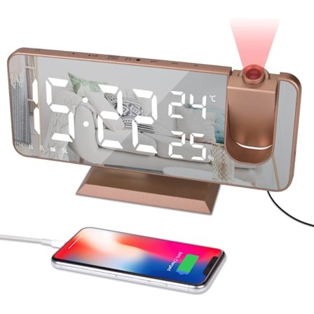 Vækkeur Projektor - Vintage Rosaguld Ur RadioTemperatur Fugtighed Display Digital Vækkeur USB Opladningsport 180° Rotable Projektion Tid