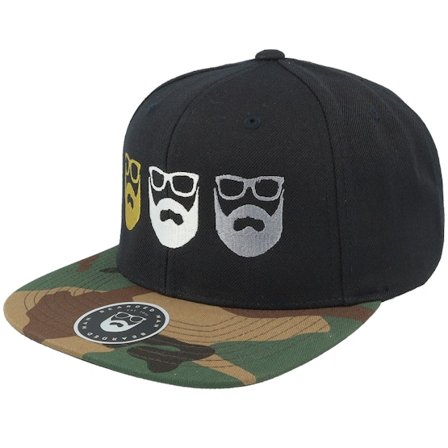 Bearded Man - Three Logo Black/Camo Snapback Snapback Black Cap - @ Hatstore