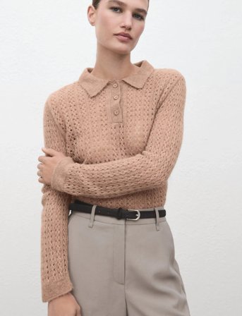 Mango Openwork Knitted Polo-Neck Sweater - Beige - XS