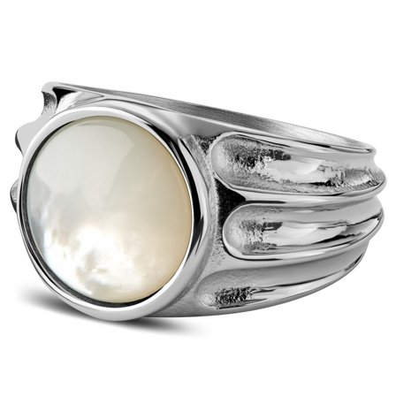 Atlantis | Grooved Mother-of-Pearl Signet Ring for Men - Rings with stones