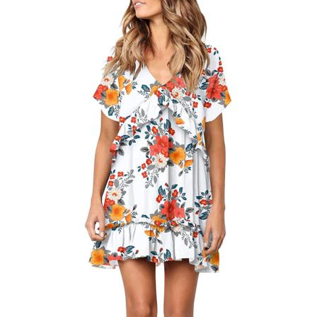 Sommarklänning Kvinnor Vintage V-ringad Snygg Print Ruffle Mini Sho