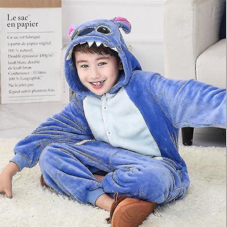 Børn Onesie Flanell Pyjamas Tegnefilm Dyrefigur Kostume Med Hætte Vinter Hjem Kostume Til Little Blue Stitch
