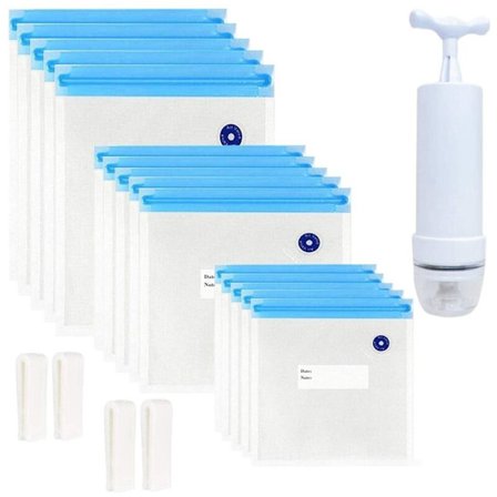 Sous Vide 20-pack återanvändbar elektrisk vakuumförvaring för mat, spara spis med 1 handpump, 3 storlekar förseglad påse, 4 klämmor