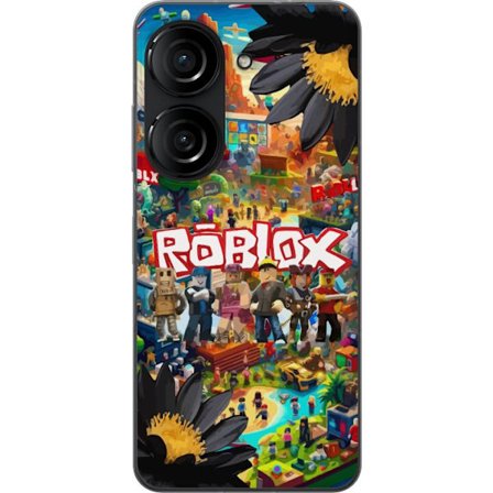 Asus Zenfone 10 Läpinäkyvä kuori Roblox-maailma täynnä hahmoja, rakennuksia ja seikkailuja rohkeissa väreissä, jossa hahmot poseeraavat logon e