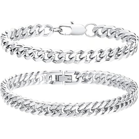 2 stk. Curb Chain Armbånd, Titanium Stål Armbånd Cuban Link Chain Drenge Sølv Cuban Armbånd Mænd Kvinder (001+003)