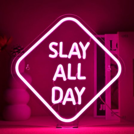 Slay All Day Neonskylt Rosa LED Neonljus För Väggdekor Slay Queen LED Neonljus Estetisk Preppy Tjej Dimbar Ljusskylt För Sovrum Rum Sovsal