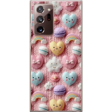 Yhteensopiva Puhelinkuori Samsung Galaxy Note20 Ultra Pastellimotiiivi sydämillä, pilvillä, sateenkaarilla ja makaronseilla vaaleanpunaisella taustall