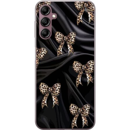 Yhteensopiva Puhelinkuori Samsung Galaxy A14 5G Leopardikuvioidut rusettinauhat mustalla silkkitaustalla, ylellinen muotoilu, jossa glamouria, eksklus