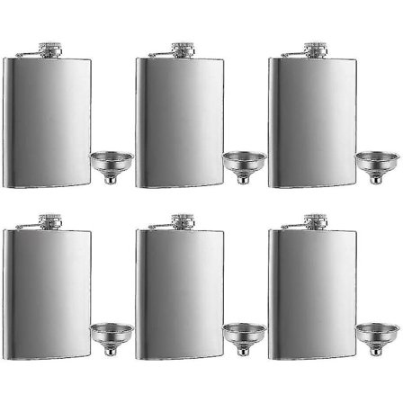 6 kpl 8 unssia lonkkupulloa ruostumattomasta teräksestä ja suppilosarja, helppokäyttöinen suppilo sisältyy, loistava lahja