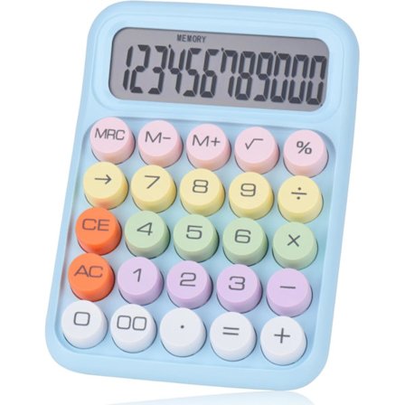 Mekanisk trykknapp-kalkulator, store knapper enkle å trykke på, fargerik godterikalkulator, automatisk dvalemodus, med batteri (blå)