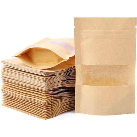 100 stk. genlukkelige poser 8,9 cm x 14 cm stående kraftpapirsposer med frostet vindue lynlås madopbevaringsposer