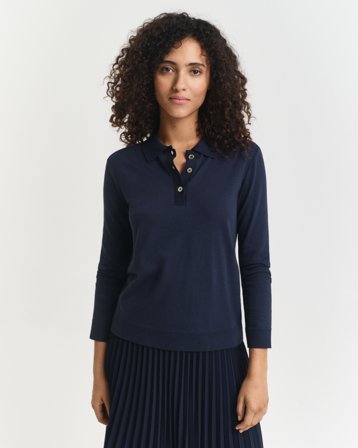 GANT Damen Nahtloses Langarm-Poloshirt mit Knöpfen (L) Marineblau