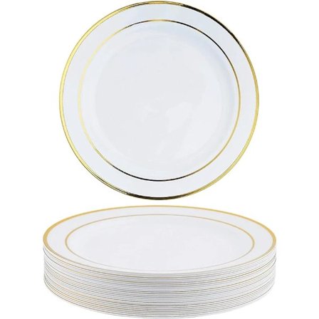 Sæt med 25 hvide plastiktallerkener med guldkant til bryllupper, fødselsdage og fester, 19 cm