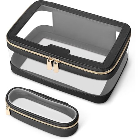 1 sæt Rejse Klar Makeup Taske med Makeupbørste Taske Læder Makeup Etui Toilet Taske, Bærbar Kosmetik Taske, Transparent Vandtæt Kosmetikpung Eller