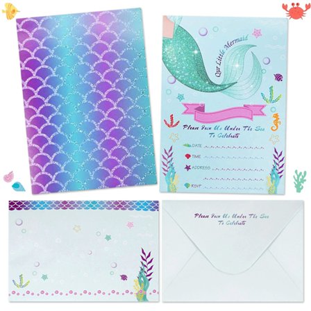 Festinbjudningar i vykortformat, lätta att skriva på med slitstarkt material och glitterdetaljer, söta självhäftande kuvert för barn