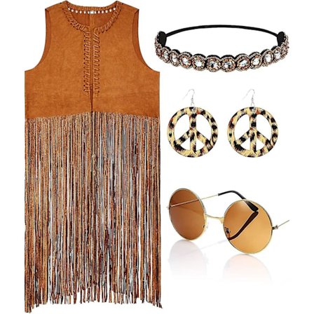 Piece Women Hippie Costume Set Fringe Vest Faux Seude Tassels Vest