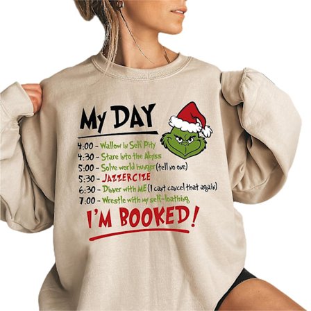 Juletrøje til kvinder med Grinch-print, rund hals, langærmet, grøn monstertrøje, khaki