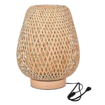 Bambus Vævet Bordlampe med Håndlavet Naturlig Træbase, Øjenbeskyttende Sengebordslampe