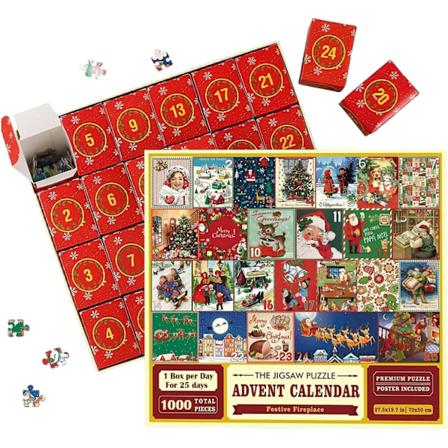 Joulukalenteri 2024 Joulupalapeli, Joulukalenteri Palapeli 1000PCS, Joulukoti Dekoraatio Vanhemmille ja Lapsille Perhepeli-iltaan
