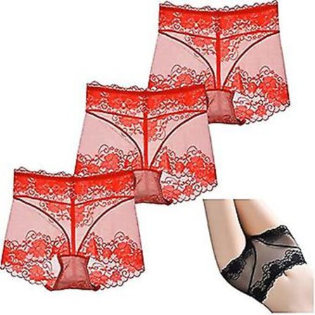 3 stk. gennemsigtige mesh trusser med mavekontrol og hofteløft, dameundertøj, sexede blonde trusser med høj talje (L Rød)