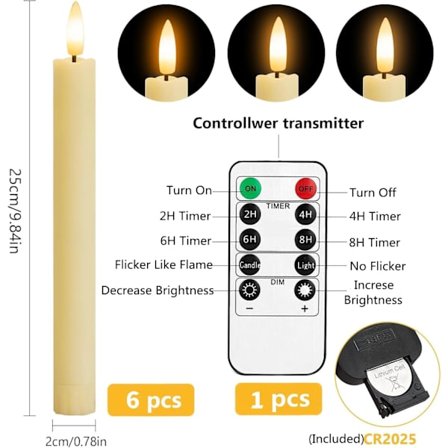 LED-ljus, 6 stycken 25 cm långa & tunna LED-stavljus med timer & flimrande funktion, LED-ljusstake [Energiklass A+++]