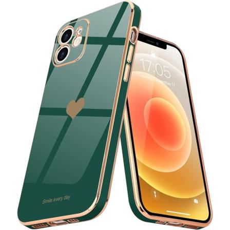 Kompatibel med iPhone 12 Etui til kvinder Pige Sød Kærlighed-Hjerte Luksus Bling Blød Bagside Cover Hævnet Fuld Kamera iPhone 12, Mørkegrøn