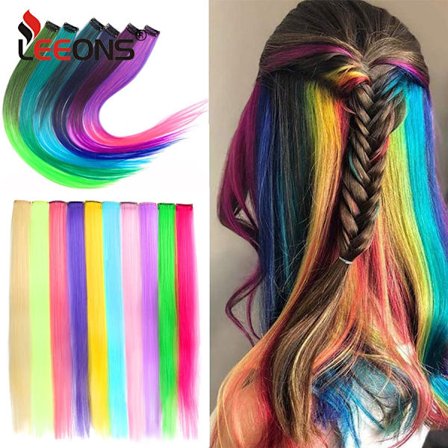 Leeons Clip In Hair Extensions 20 Inch Colorful Synthetic Ombre Rosa Lila Hairpieces Straight Party Highlights Extension