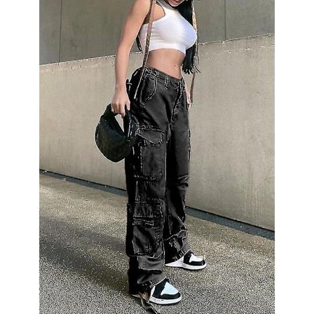 Vintage Cargobyxor Baggy Jeans Dam Mode 90-tal Streetwear Fickor Vida Ben Hög Midja Raka Y2k Denim Byxor Overaller-lian